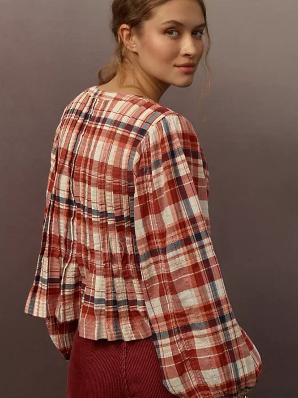Pilcro Long-Sleeve Pleated Swing Blouse Plaid Preppy Academia Schoolgirl Boho XS - Picture 2 of 15